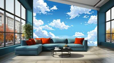 Blue sky with clouds. White fluffy clouds. Sunny day sky scene cartoon vector illustration. Heavens with bright weather, summer season outdoor Wall mural