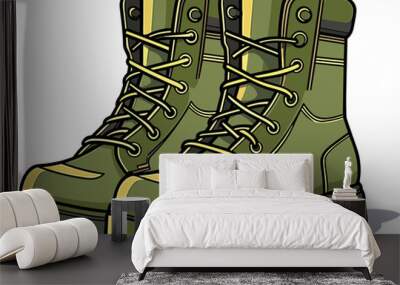 Cartoon Khaki Army Boots. High Military Shoes Vector Wall mural