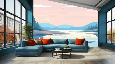 Cartoon landscape with river bay, water surface and river banks with trees. Cozy place background vector Wall mural