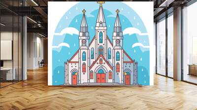 Catholic church building, cathedral. Cartoon religious architecture exterior, Vector illustration Wall mural