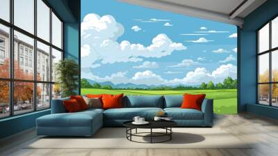 Meadow landscape with grass. Blue sky with white clouds. Flat valley landscape. Empty green field on sunny summer day. Vector Wall mural