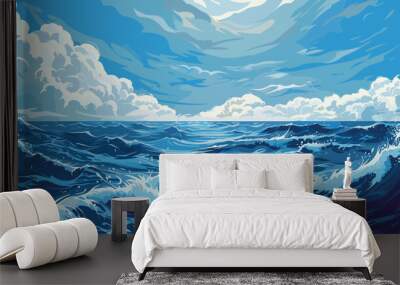 Ocean Sea surface. Vector illustration, cartoon seascape or waterscape Wall mural