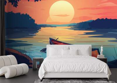 Rowing boat or canoe at a pier at beautiful sunset river vector background Wall mural