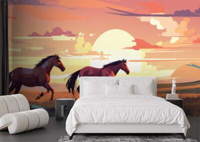 Rural landscape with grazing horses with green meadows in background, warm evening vector panorama Wall mural