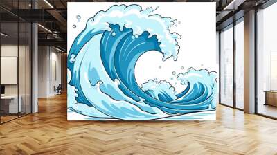 Sea wave. Vector Illustration of blue ocean wave with white foam. Isolated cartoon splash Wall mural