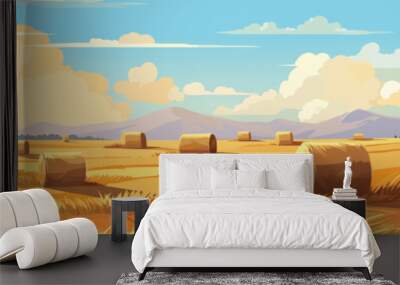 Sunny day rural countryside landscape with wheat fields, panorama vector illustration, agriculture scene Wall mural