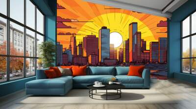 Sunrise sunset behind modern city buildings. Vector cartoon illustration of skyscrapers landscape, cityscape background Wall mural