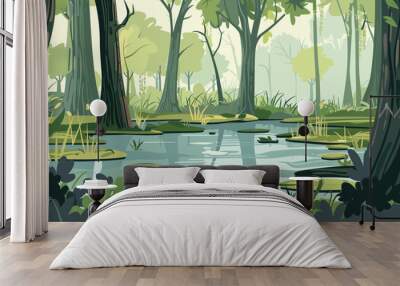 Swamp in the forest. Landscape with marsh, water lilies, trees trunks and bog grass. Vector cartoon illustration of wild forest with river, lake or swamp, vector Wall mural