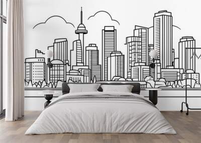 Thin line style city panorama. Outline cityscape Wide horizontal panorama. Black white vector Wall mural