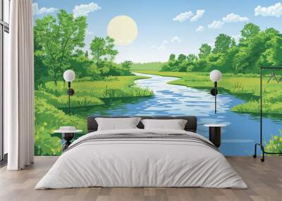 Vector illustration of a beautiful river scenery. Sunny summer day Wall mural