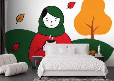 Cozy Person Holding Hot Drink in Autumn Vector Illustration for Fall Vibes
 Wall mural