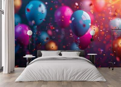 A dynamic and colorful image capturing balloons surrounded by a flurry of red and blue confetti, perfect for illustrating celebrations, parties, and festive events,celebration concept Wall mural