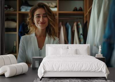 A portrait of a confident young woman, arms crossed, standing in front of an organized closet, symbolizing expertise in fashion and personal styling Wall mural