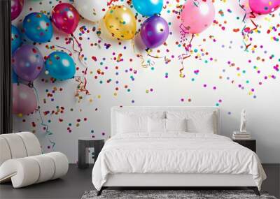 A vibrant scene showcasing colorful balloons and confetti scattered across a white background, capturing the joyful essence of a celebration Wall mural