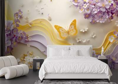 An enchanting digital illustration featuring delicate butterflies fluttering among pastel-colored flowers in shades of purple, pink, and peach. Spring background concepts. Wall mural