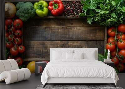 An overhead view of a colorful assortment of fresh fruits and vegetables arranged on a rustic wooden table. Ideal for concepts related to healthy eating, organic produce, and farm-to-table dining Wall mural