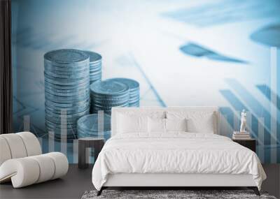 double exposure of rows of coins and business document in finance and banking concept Wall mural