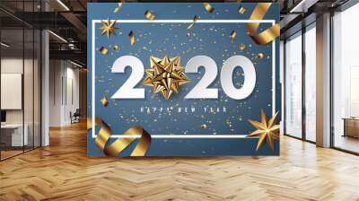 Merry christmas and happy new year 2020 vector greeting card and poster design with golden ribbon and star. Wall mural