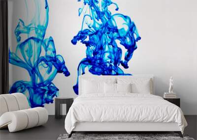 Blue food color drop in water on white background. Wall mural