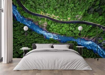 Mountain river and road aerial view Wall mural