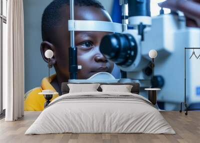 Young African Boy Having an Eye Exam at Optometrist Office. A small child undergoes eye diagnostics at the Ophthalmologist Wall mural