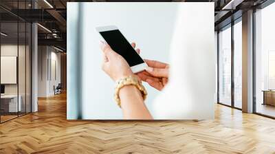 Closeup of businesswoman using smartphone - mockup Wall mural