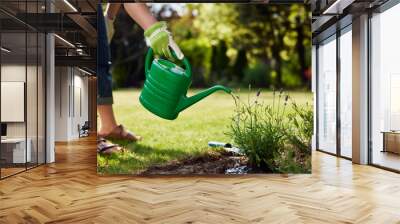 Closeup of woman taking care of plants in garden watering with watering can Wall mural