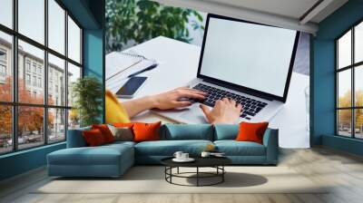 Closeup of woman using laptop with white blank screen mockup Wall mural