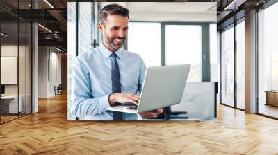 Handsome businessman in modern office looking on laptop Wall mural