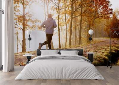 man running in park at autumn morning Wall mural