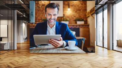 Portrait of businessman with wireless headphones using tablet in cafe Wall mural