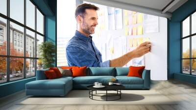 Portrait of web developer looking at post it notes on office wall Wall mural