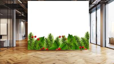 Christmas Border With Fir Tree And Holly Berry Wall mural