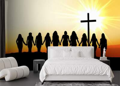 Christian women friendship silhouette walking towards the cross in the light.  Wall mural