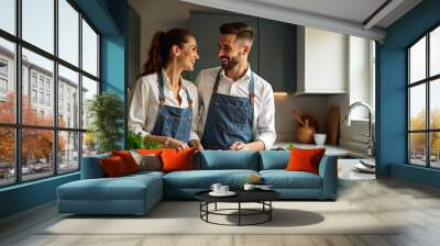 One happy loving couple at home enjoying life together and relationship. Man looking at woman lovingly. Male people cooking for his wife. Male and female enjoying leisure activity indoor in kitchen Wall mural