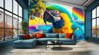 Parrot swimming in colored water and rainbow Wall mural