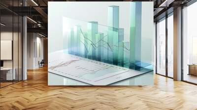 3D rendering of a data bar graph with an upward trend, made of green glass material, on a white background. financial paper sheet with a line chart. Wall mural