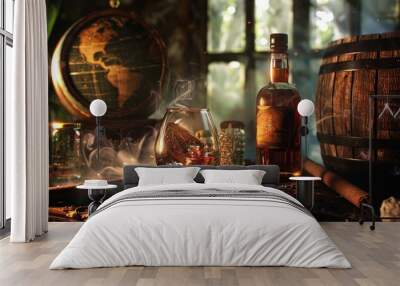 a glass of rum a table with a cigar, world rum day   Wall mural