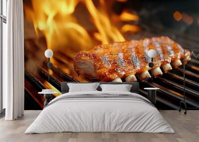 baby back ribs sitting on a flame on the barbecue smoker in a backyard,   Wall mural