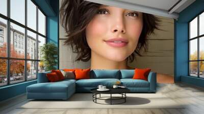 beautiful brunette woman, round face, easy to maintain short hair  Wall mural