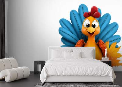 funny thanksgiving turkey surrounded by autumn leaves, isolated transparent png background Wall mural