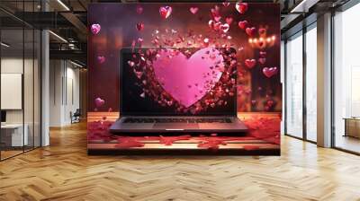 hearts flying out of a laptop computer screen, valentines day on a computer, online dating Wall mural