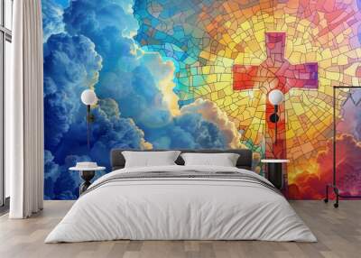 holy cross, stain glass sky and clouds background   Wall mural