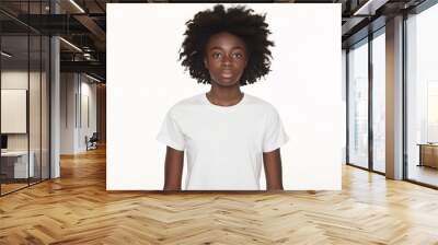 mockup African American male model, looking at the camera, wearing a white Bella Canvas 3001  Wall mural