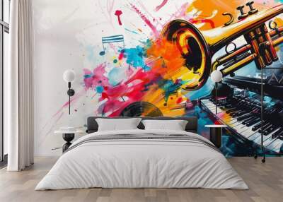 Musical background with trumpet and keyboard, piano and musical notes   Wall mural