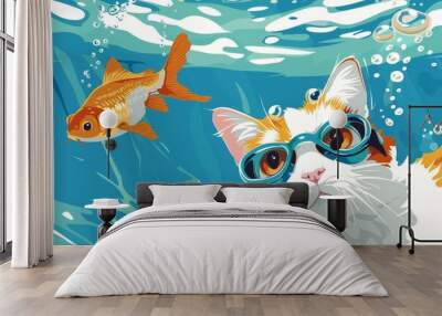 orange and white calico cat wearing swimming googles, swimming under water, as a gold fish swims past,cartoon style   Wall mural