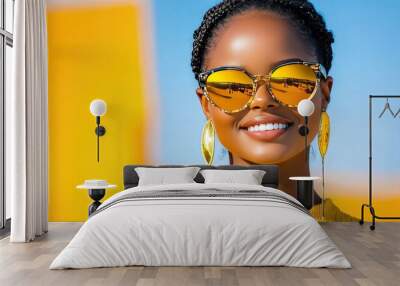 portrait of an instagram female black model in the summer sun wearing sunglasses, earrings, copy space Wall mural