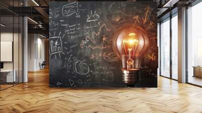 Random business ideas , light bulb with designs on black board Wall mural