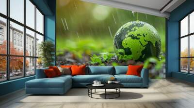 save the green planet concept with green Earth globe, raining, small plants Wall mural