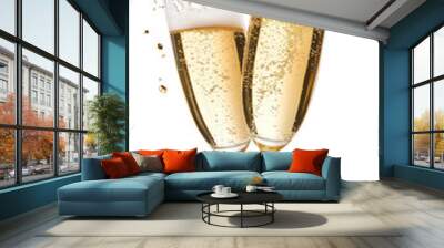 two glasses of champagne, sparkling wine, splashing isolated transparent png background Wall mural